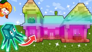 【光る家⁉️輝くレインボーハウスを作った結果…✨】マイクラのヒカリイカを使って装飾したらイルミネーションの家ができた🌟 レールとトロッコで発光するイカを運搬【まいくら minecraft】ぽっぴんず