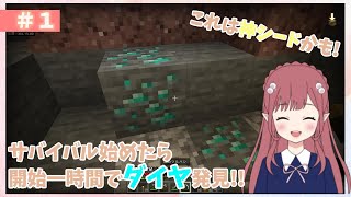 【マインクラフト】建築好きがサバイバルを始めてみた!!開始一時間でダイヤ発見?!《＃１》