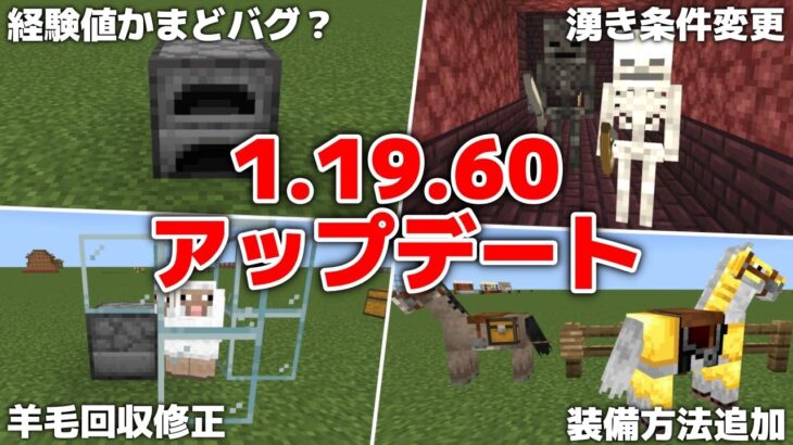 【マイクラ統合版1.19.60アップデート】ついに経験値かまどが…・羊毛回収修正・湧き条件変更・たき火・ビーコンとコンジットのエフェクト