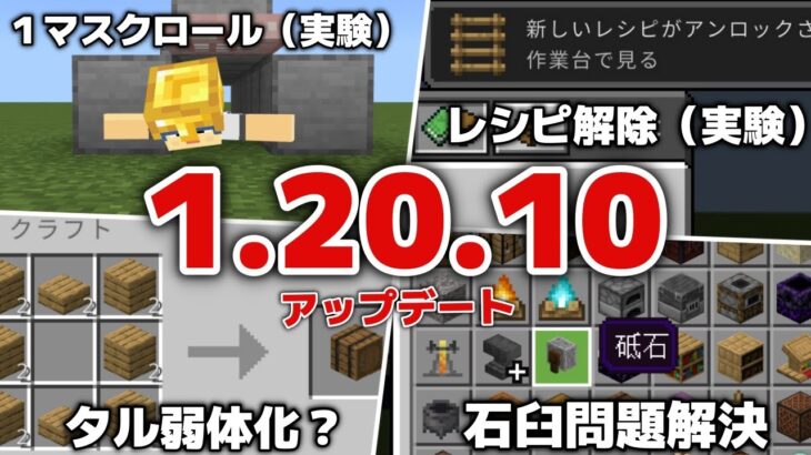 【マイクラ統合版1.20.10アップデート】タル弱体化？Java翻訳で石臼問題解決！？実験的機能で１マスクロール＆レシピ解除登場・新しい種を農民が拾うようになりました！