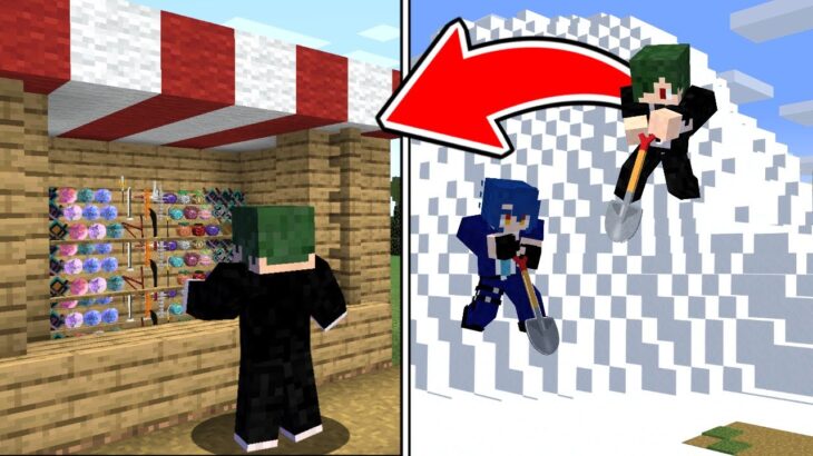 雪山の雪かきをして『チート武器屋』から武器を買ってPVP!【マイクラ】【マインクラフト】