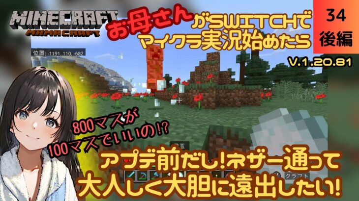 【マイクラ初心者】アプデ直前回！ネザー使って○マス先までひとっ飛び！【Part34後編】#女性実況 #マインクラフトswitch