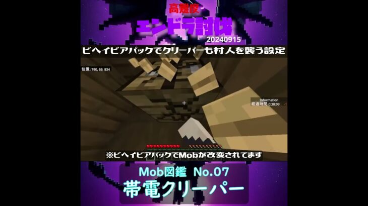 【マイクラ】Mob図鑑 No.07　帯電クリーパー　 from　高難度エンドラ討伐　2024/09/15　#Minecraft　#Shorts