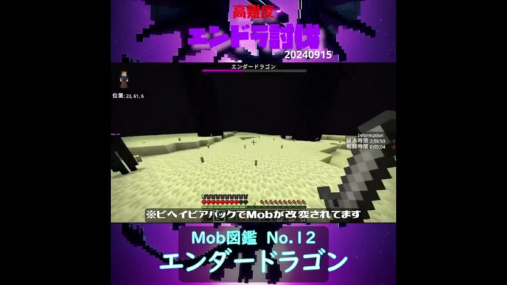 【マイクラ】Mob図鑑 No.12　エンダードラゴン　 from　高難度エンドラ討伐　2024/09/15　#Minecraft　#Shorts