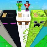 マイゼンとマイキーがマインクラフトでクリーパー、エンダーマン、アイアンゴーレム、スケルトンでスーパーロングモブハウスを発見