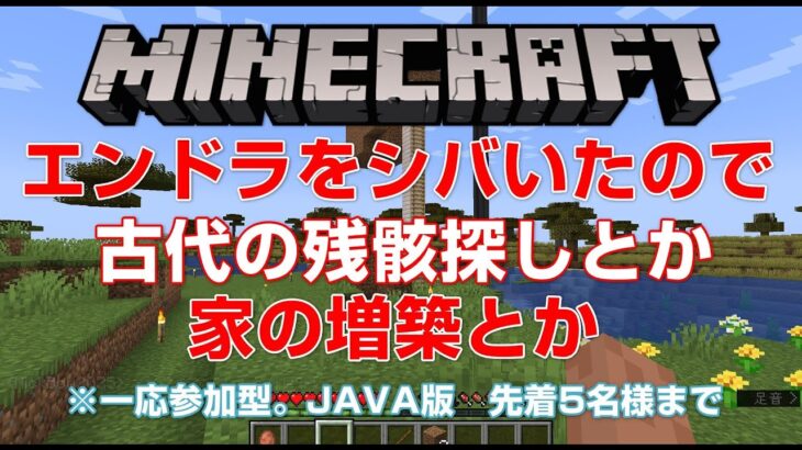 【マインクラフト】java版　エンドラしばいたので、古代の残骸集めとか家の増築とか　主+先着5名様までのマルチプレイが可能(*’▽’)【minecraft】