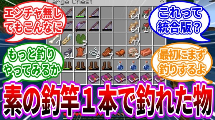 【Minecraft】エンチャント無しの釣竿１本でこれだけ釣れた！海外の反応【マイクラ反応集】
